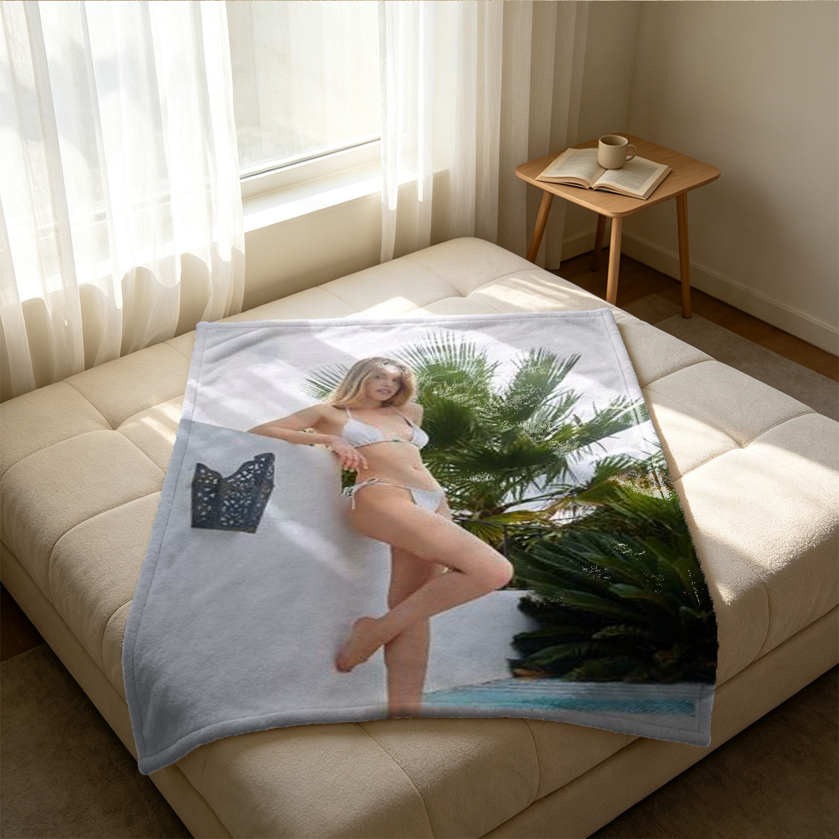 Blonde in Pink Lace Thong Kneeling on Rug - Blanket