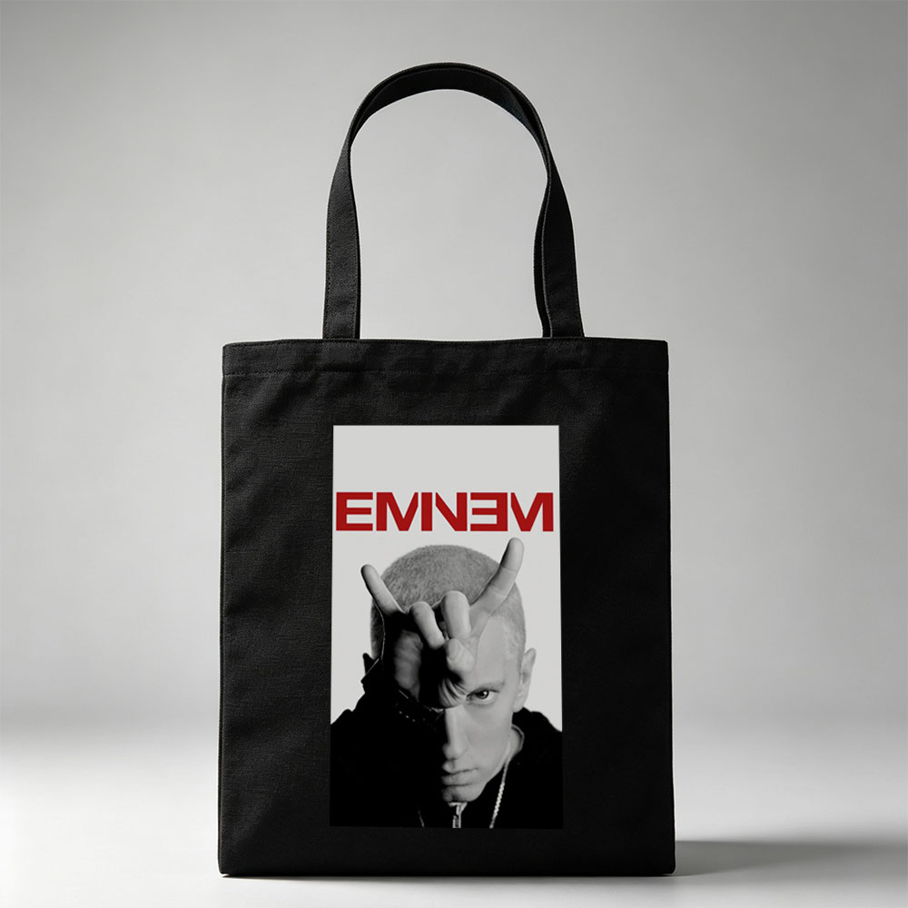 Eminem Making Hand Gesture in Black and White Portrait - Canvas tote bags