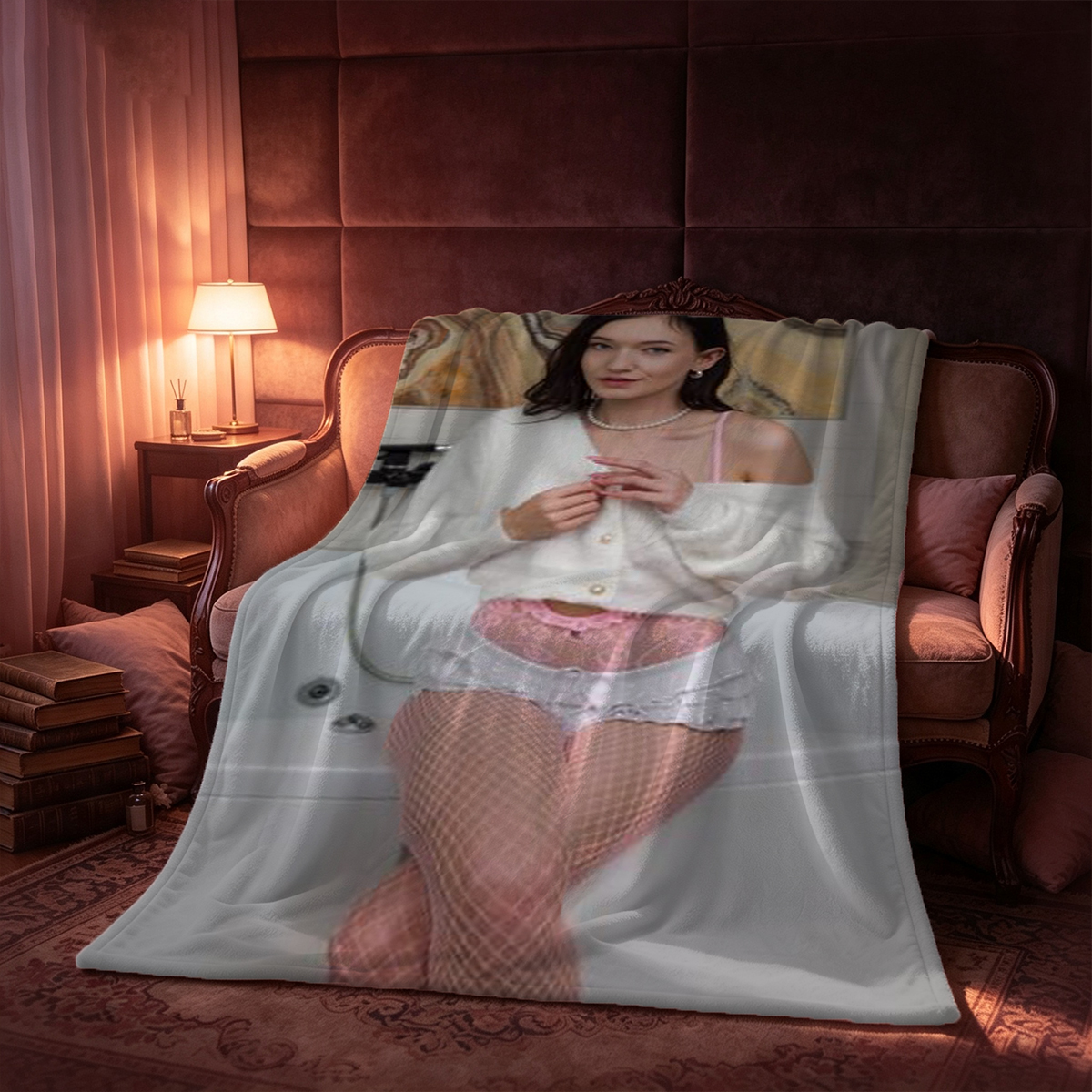 Blonde in red feathered lingerie holding matching bag. - Blanket