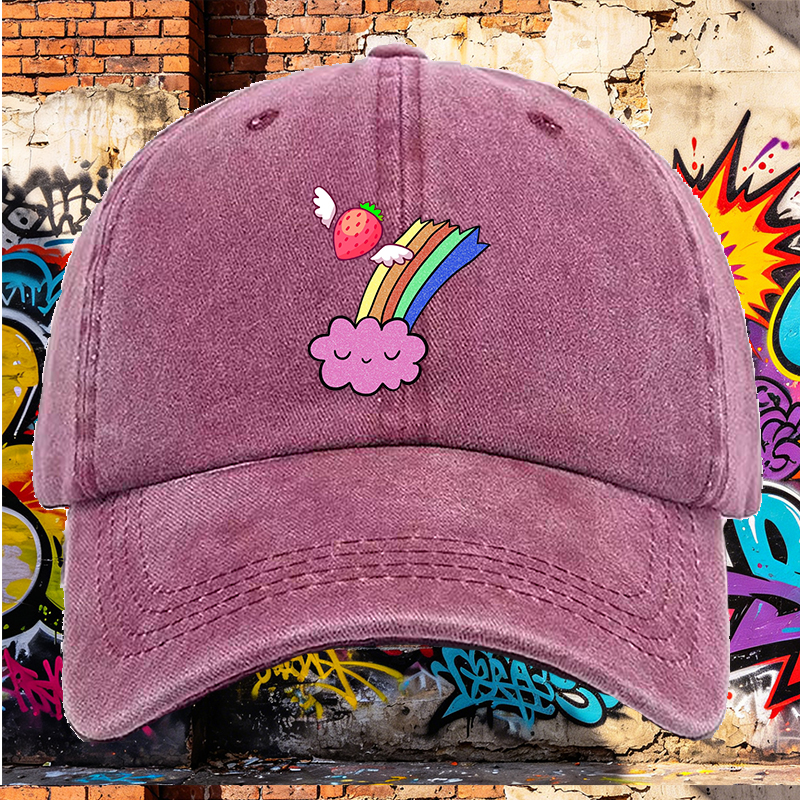 Men's Printed Washed Cap with Strawberry Wings and Rainbow Cloud Design - Casual Round Brim Summer Lightweight Hat for Outdoor Activities, Beach, Travel - Perfect for Young Adults and Trendy Streetwear Lovers