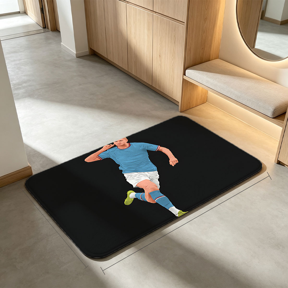 Erling Haaland in Action, Wearing Blue Jersey and White Shorts, Celebrating a Goal with a Finger to the Ear Gesture - Flannel floor mat