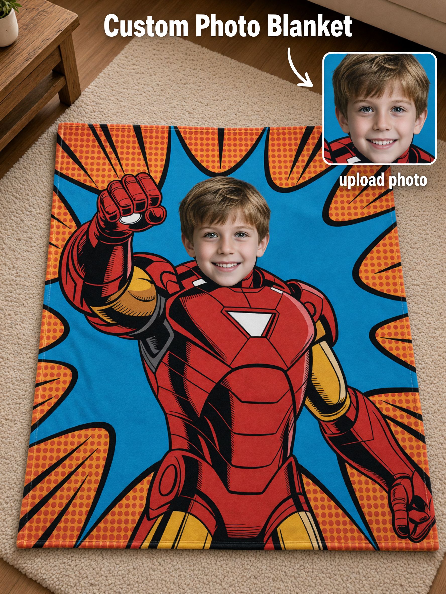 Custom Face Photo Superhero Fleece Blanket, Personalized Comic Character Flannel Throw, Ideal Gift for Kids and Boys