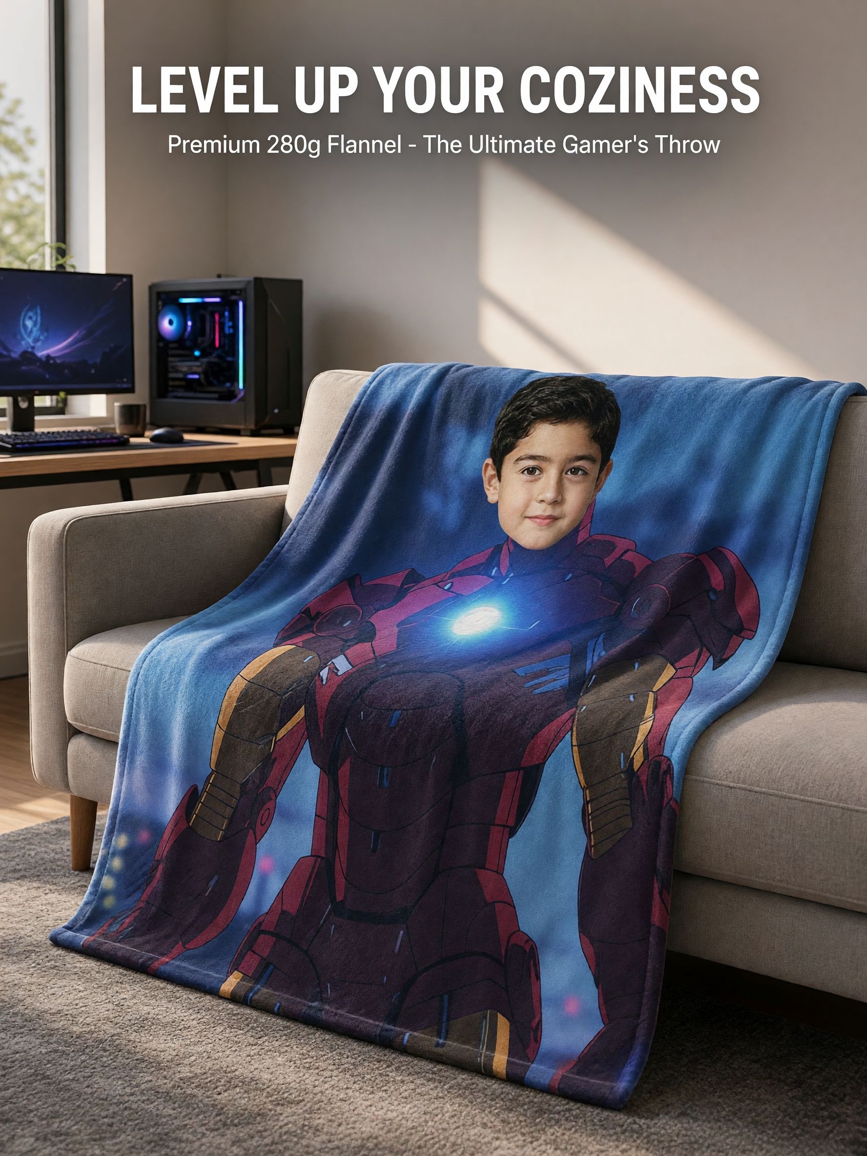 Custom Photo Face Superhero Armor Flannel Throw Blanket Ultra Soft Anti-Pilling Plush Coverlet Ideal Personalized