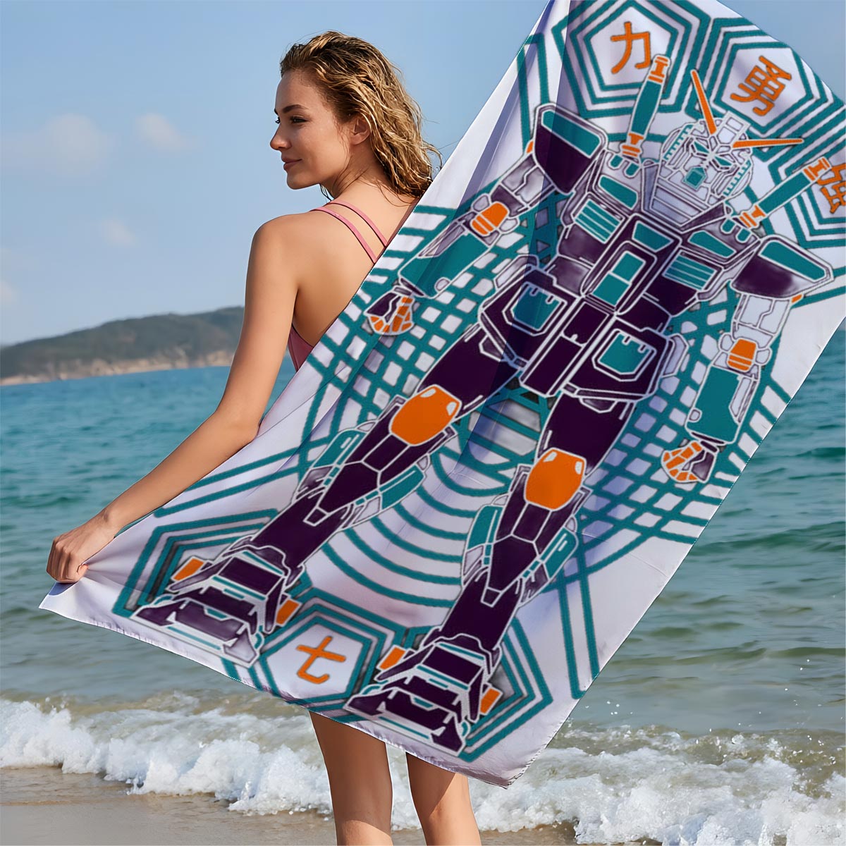 Gundam Warrior Robot with Chinese Characters and Geometric Design - Beach towels
