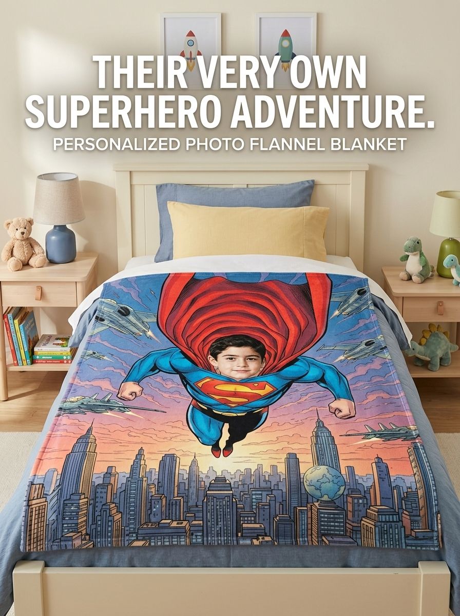 Custom Face Superhero Photo Flannel Blanket, Personalized Soft Warm Throw Blanket, Unique Gift for Kids and Comic Fans