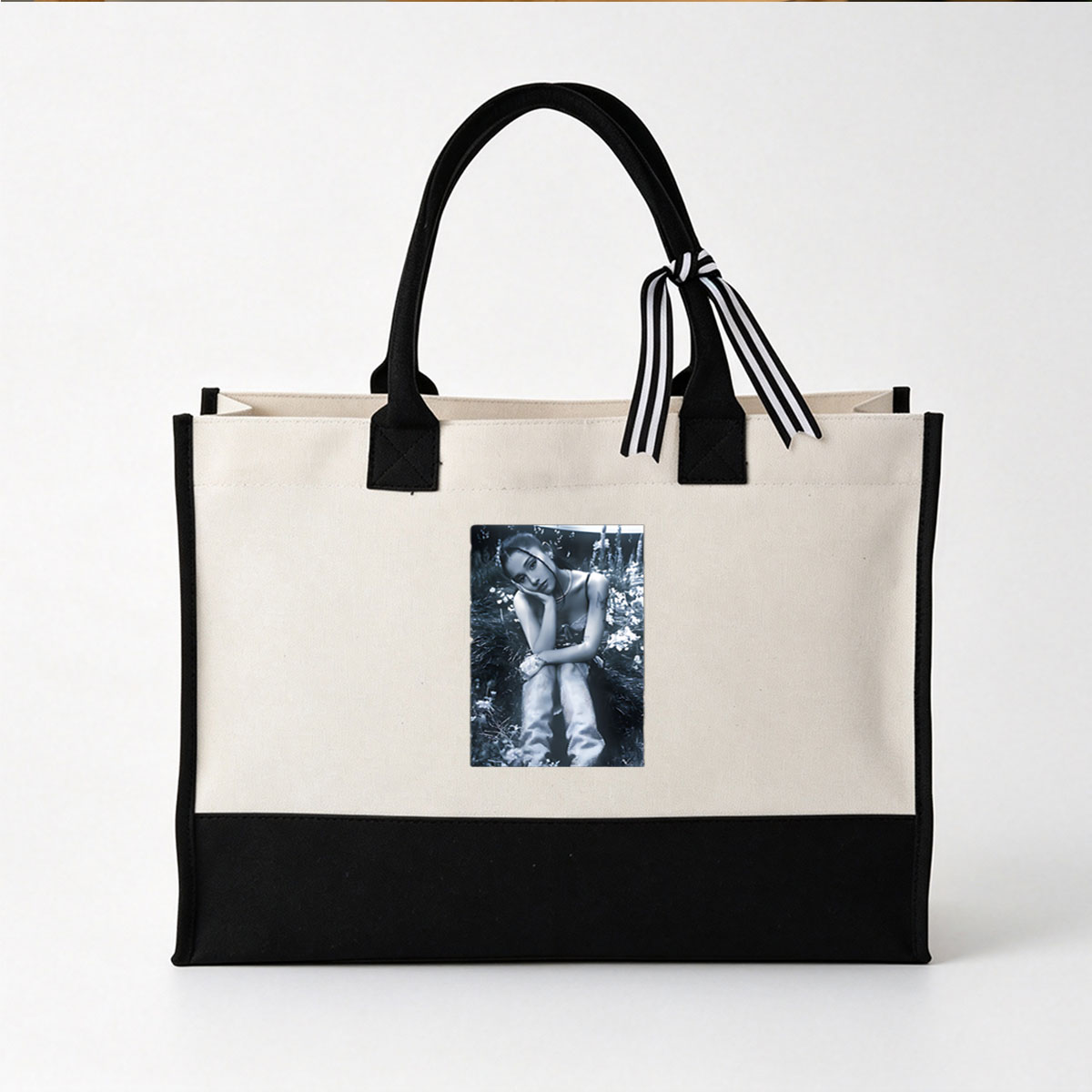 Woman in Floral Garden, Monochrome Portrait - Canvas patchwork gift tote bag