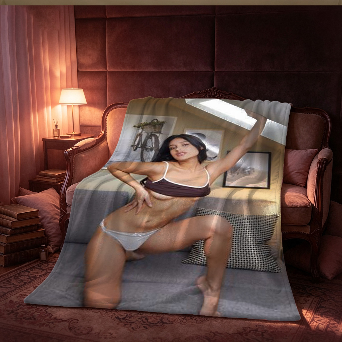 Blonde woman in white lingerie posing on a blue chair. - Blanket
