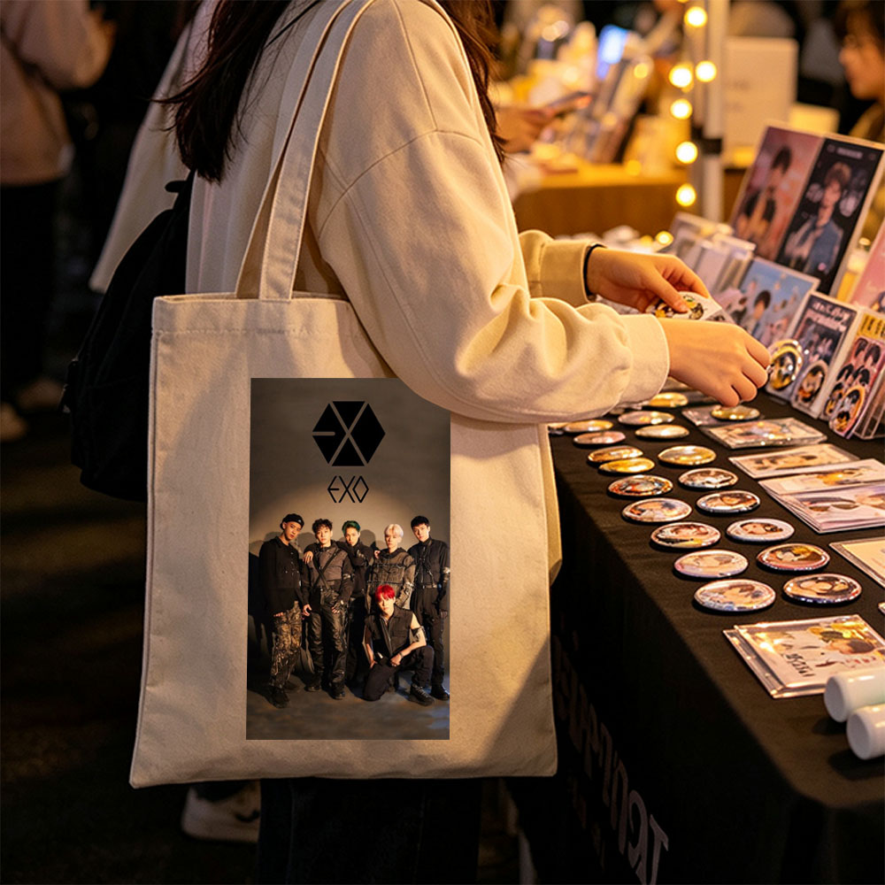 EXO Group Photo - Members in Edgy Black Outfits Posed Against Dark Background with Logo - Canvas tote bags