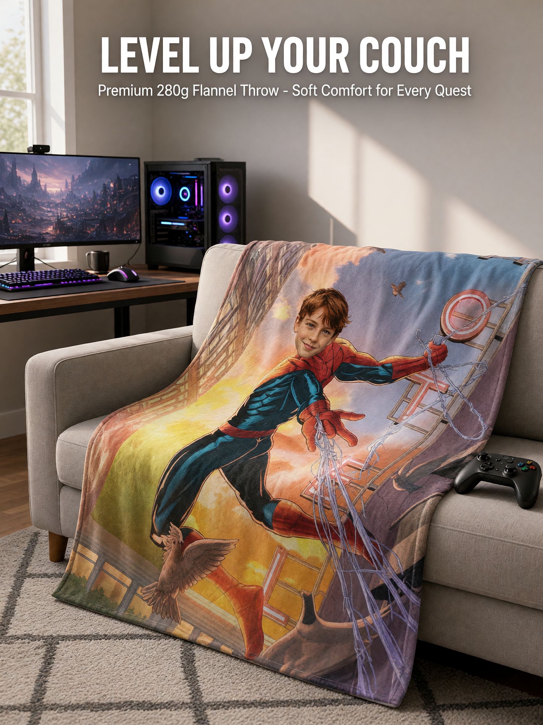 Custom Superhero Photo Face Flannel Blanket Ultra Soft Anti Pilling Personalized Portrait Throw Keepsake Gift for Bed