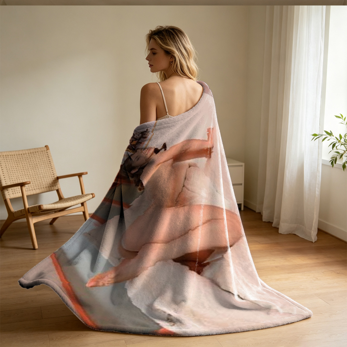 Blonde woman lying nude on a couch smiling at camera - Blanket