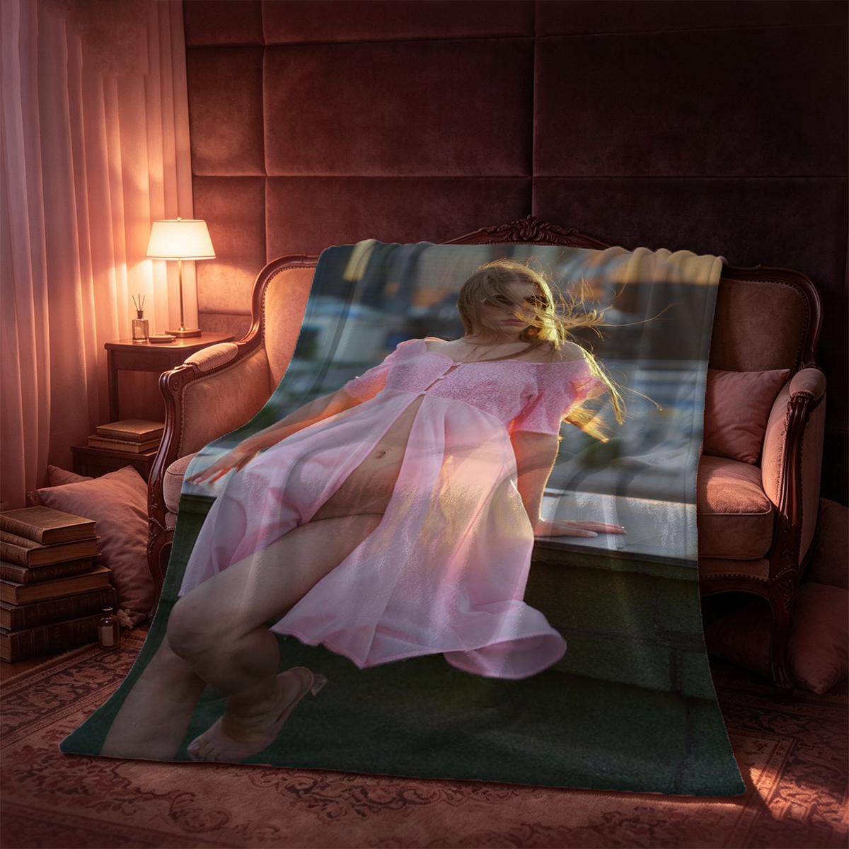 Pink Lingerie and Feather Boa Selfie in Ornate Boudoir - Blanket