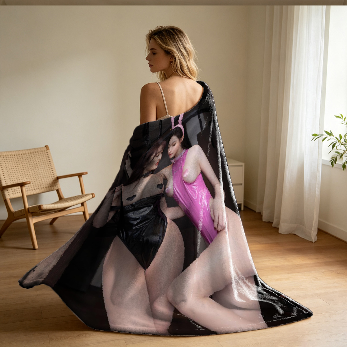 A brunette model in a black cut-out mini dress and gold high heels poses seductively by a window. - Blanket
