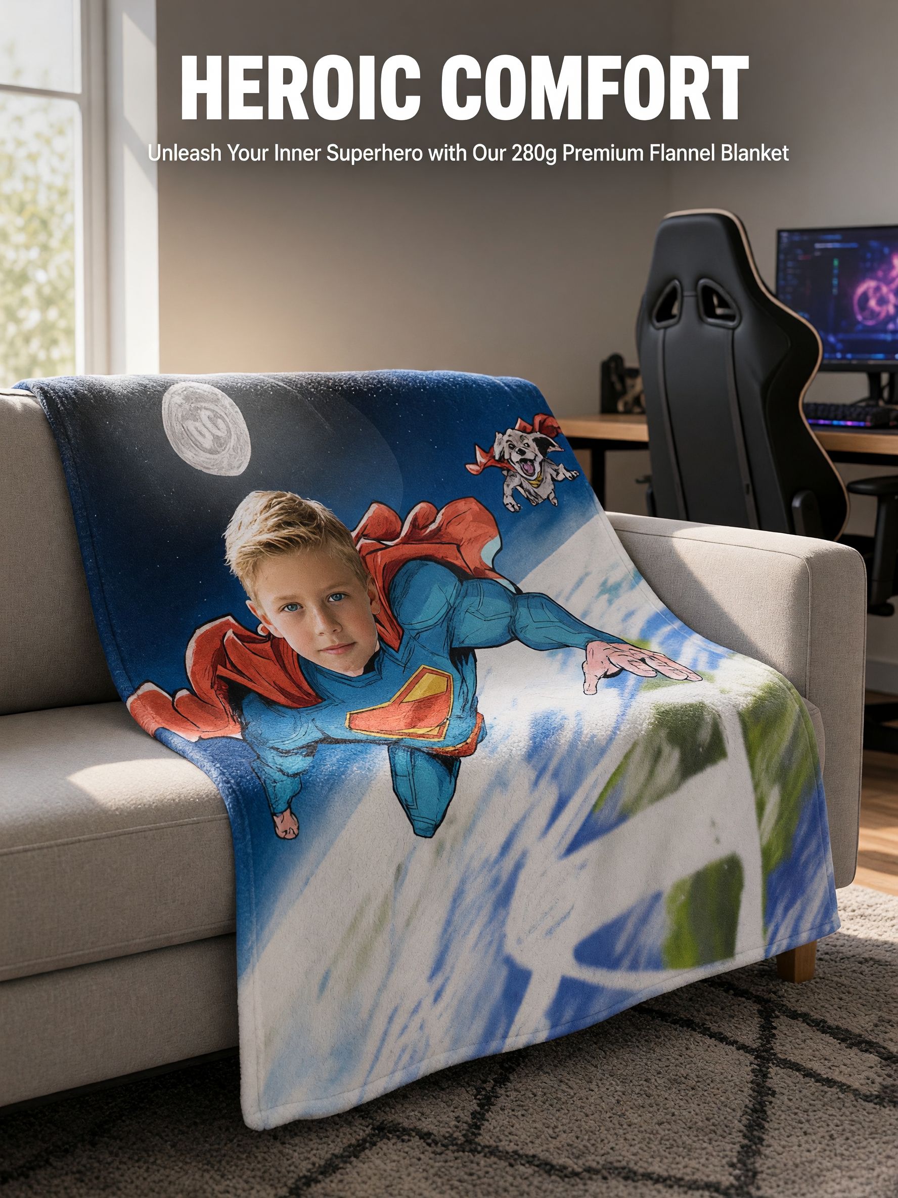 Custom Photo Superhero Flannel Fleece Throw Blanket Personalized Face Portrait Flying Hero Graphic Print Soft