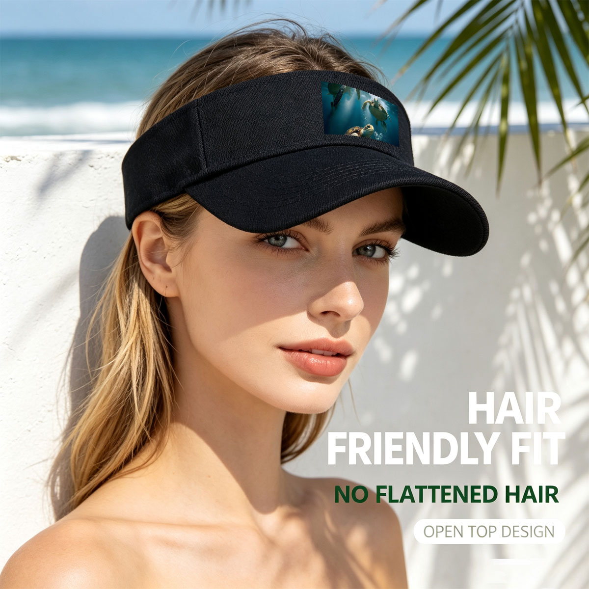 Three sea turtles swimming gracefully underwater in clear blue ocean. -  Visor cap