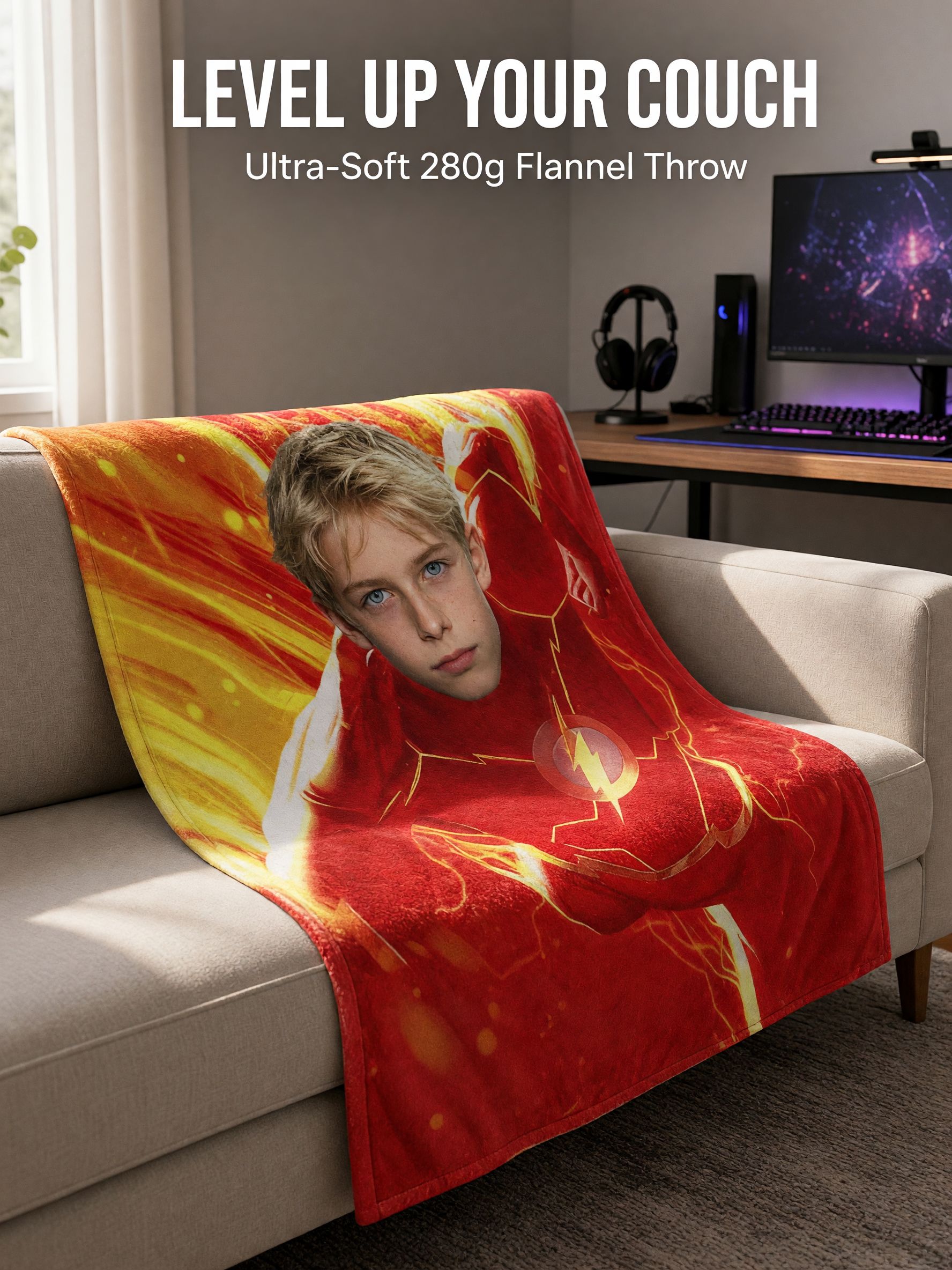 Custom Face Superhero Flannel Blanket, Personalized Photo Plush Throw, Ideal Custom Gift for Bed Couch