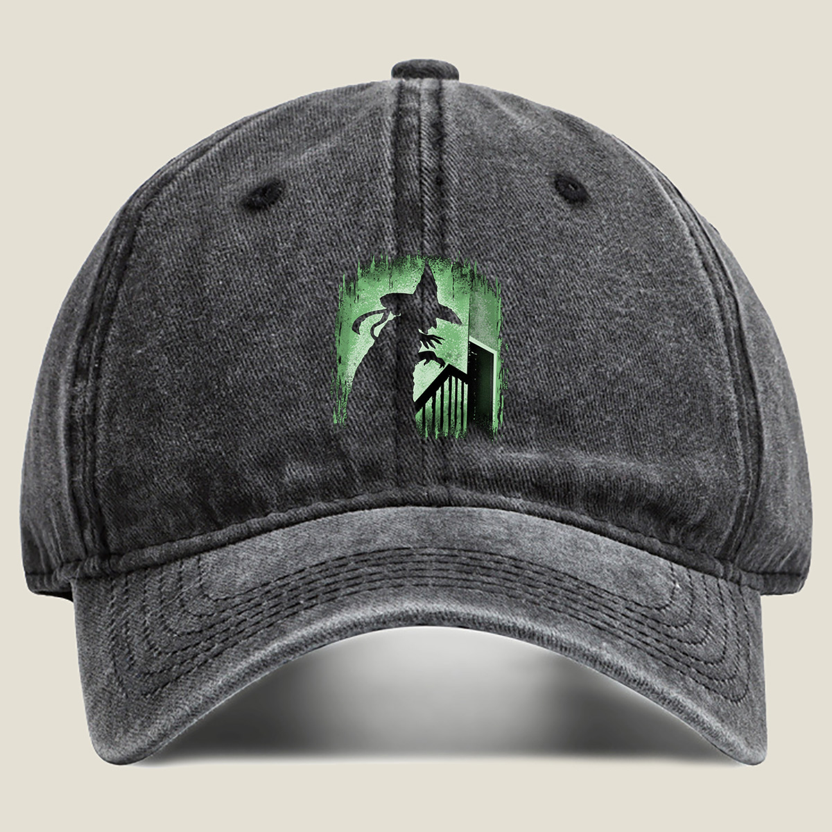 Witch Silhouette in Green Glow - Washed Denim - Baseball Cap