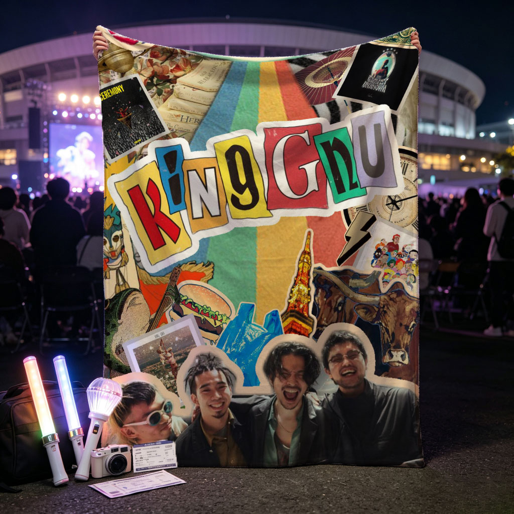 King Gnu Band Members in a Vibrant Collage Featuring Rainbow Path, UFO, and Pop Culture Elements - Blankets