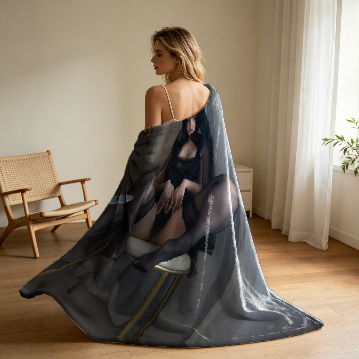 Two Women in Leather Dress and Pink Lingerie Embracing - Blanket