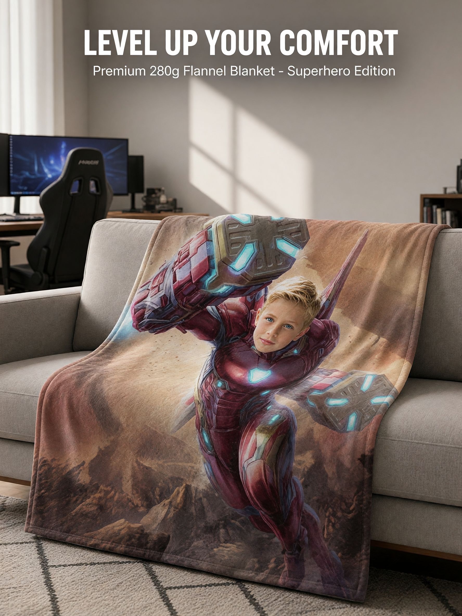 Custom Face Photo Blanket Personalized Superhero Flannel Throw for Kids and Adults Cozy Plush Bed Sofa Keepsake Gift