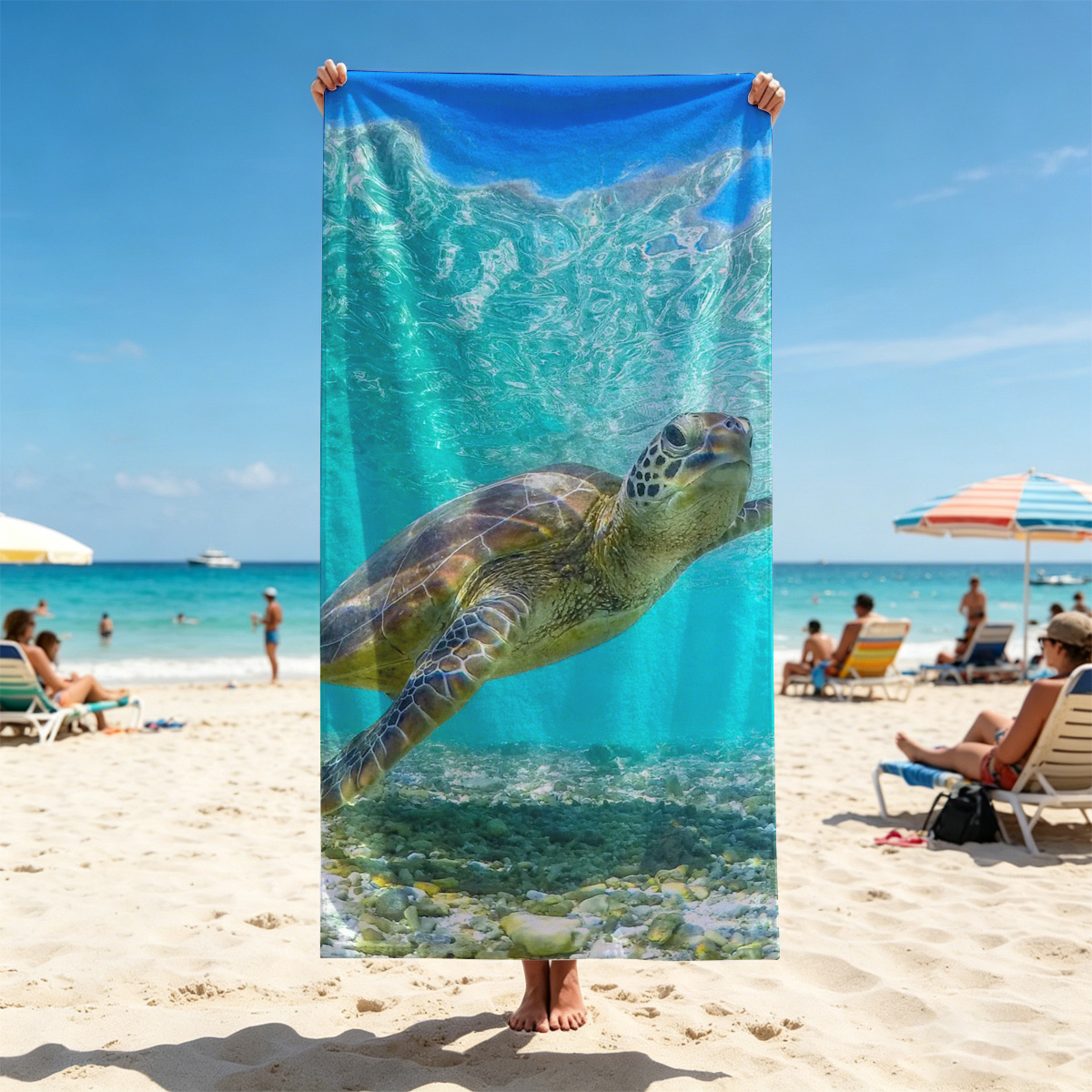 Sea Turtle Swimming in Crystal Clear Waters - Beach towels