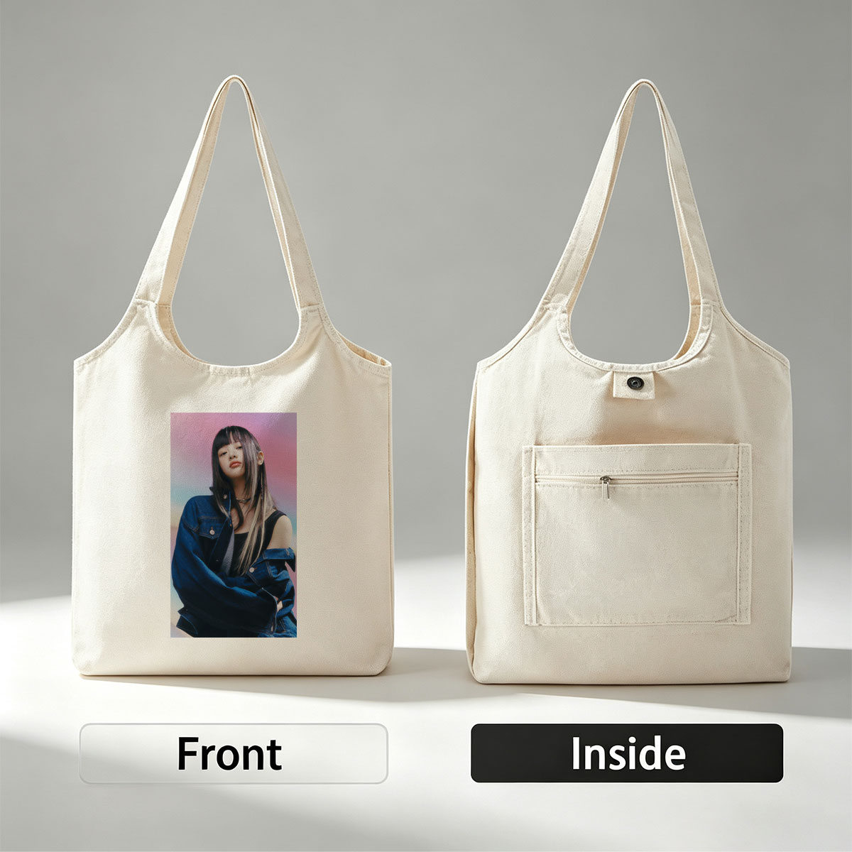 Hanni from NewJeans in a Stylish Denim Look Against a Vibrant Gradient Background - Canvas shoulder bags/