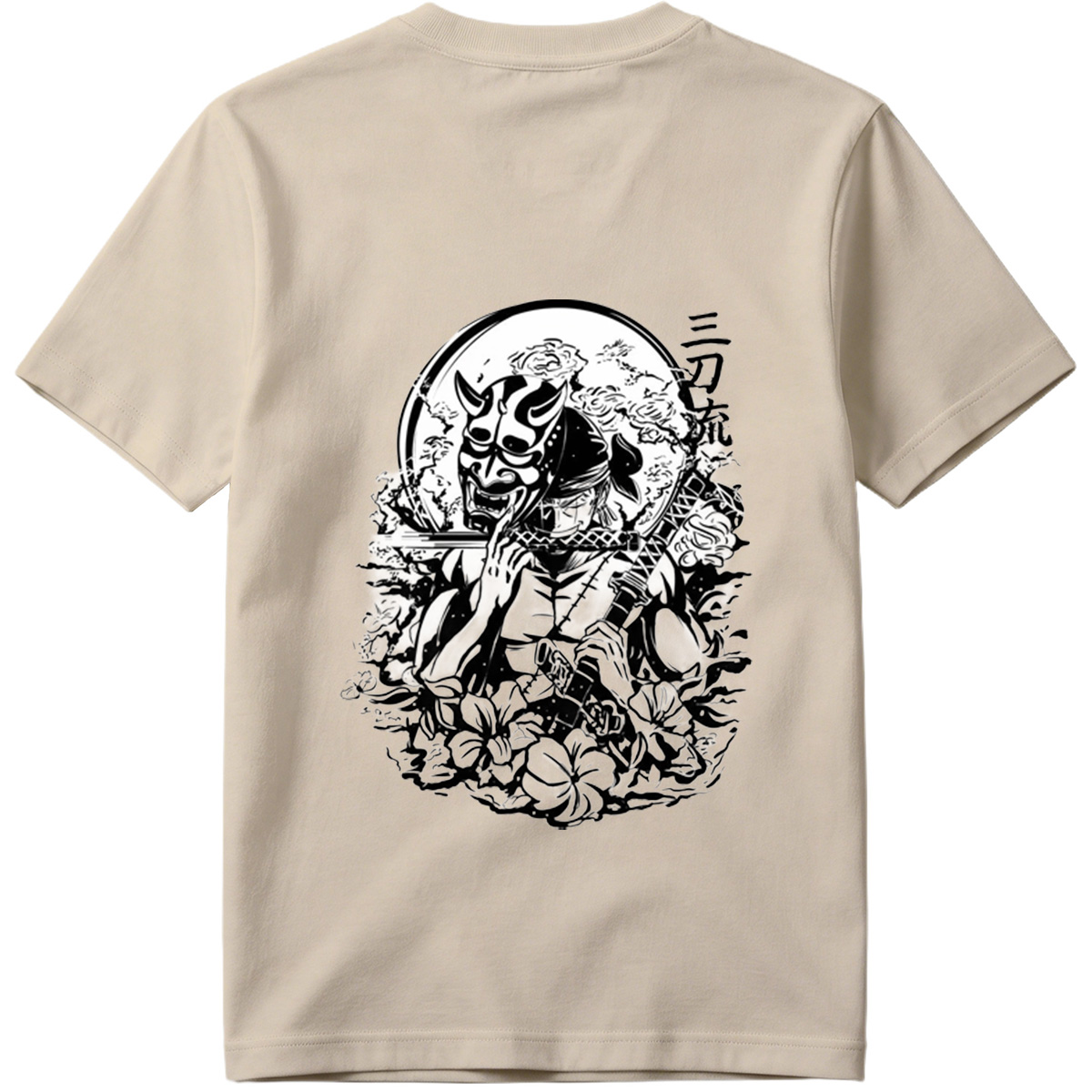 Samurai with Oni Mask and Katana in Floral Scene - Tee