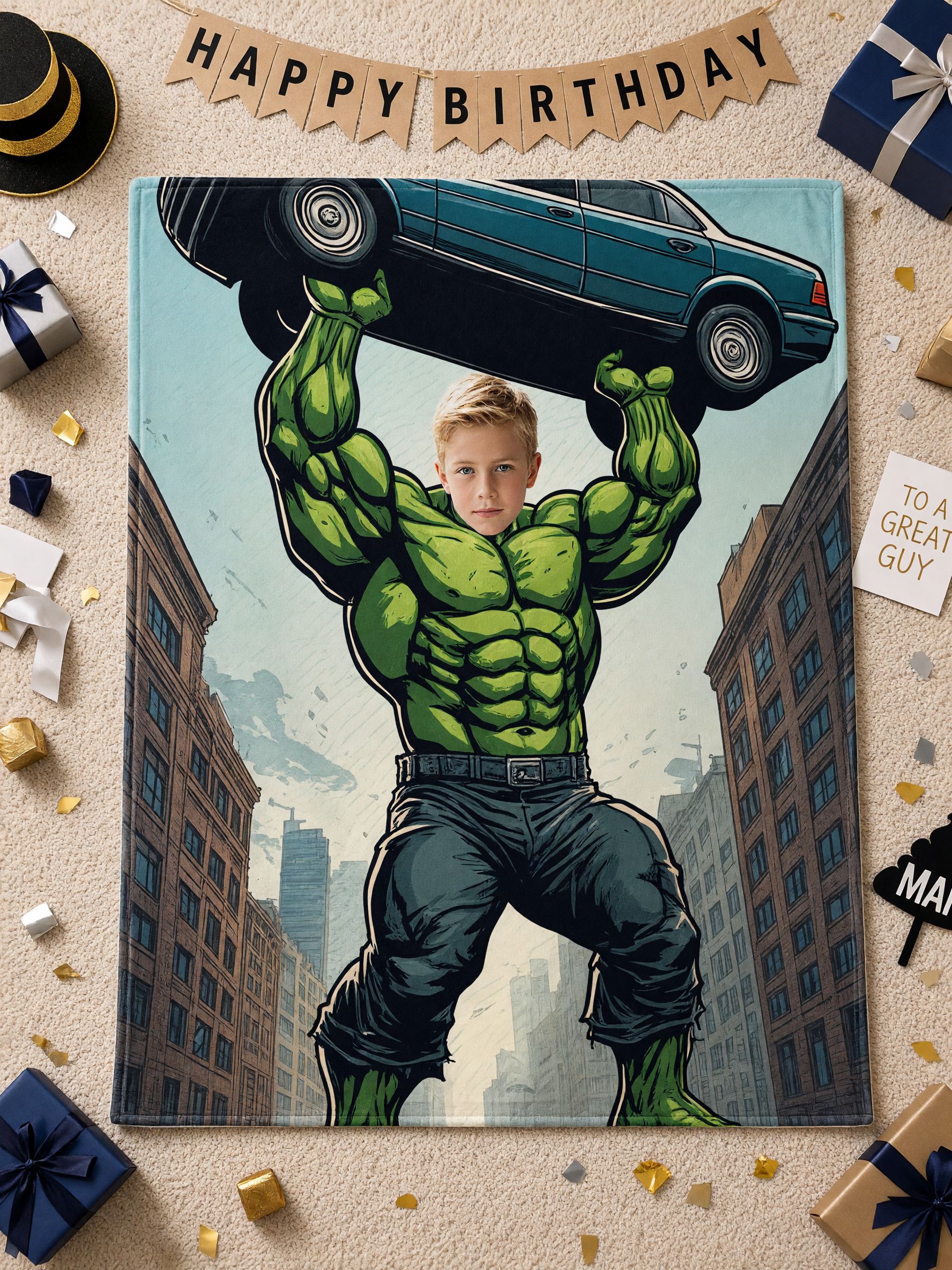Custom Face Blanket Personalized Green Superhero Lifting Car Soft Flannel Throw Ideal Gift for Boys Kids and Comic Fans