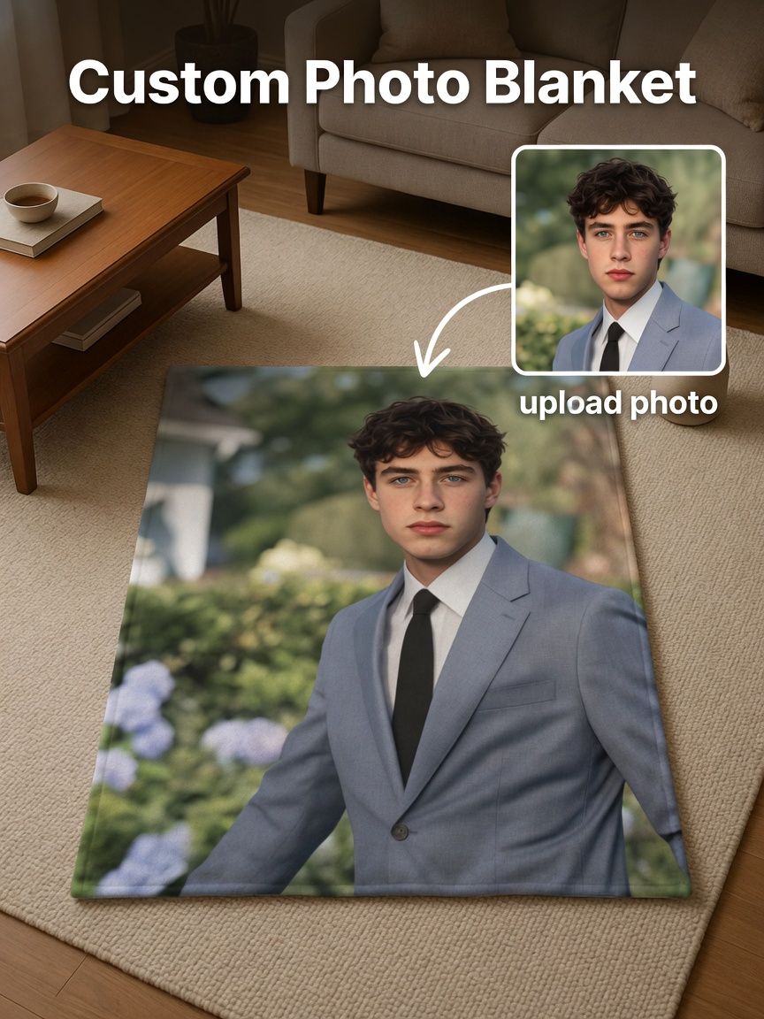 Custom Photo Portrait Flannel Fleece Blanket Personalized Soft Anti Pilling Throw for Couch Bed Travel Gift