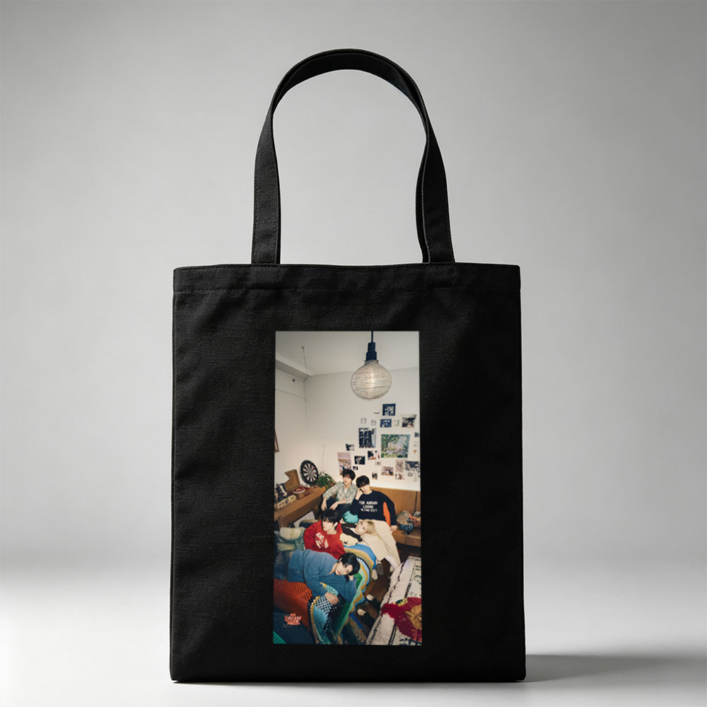 Stray Kids Relaxing in Cozy Living Room with Colorful Canvas tote bags and Wall Art - Canvas tote bags