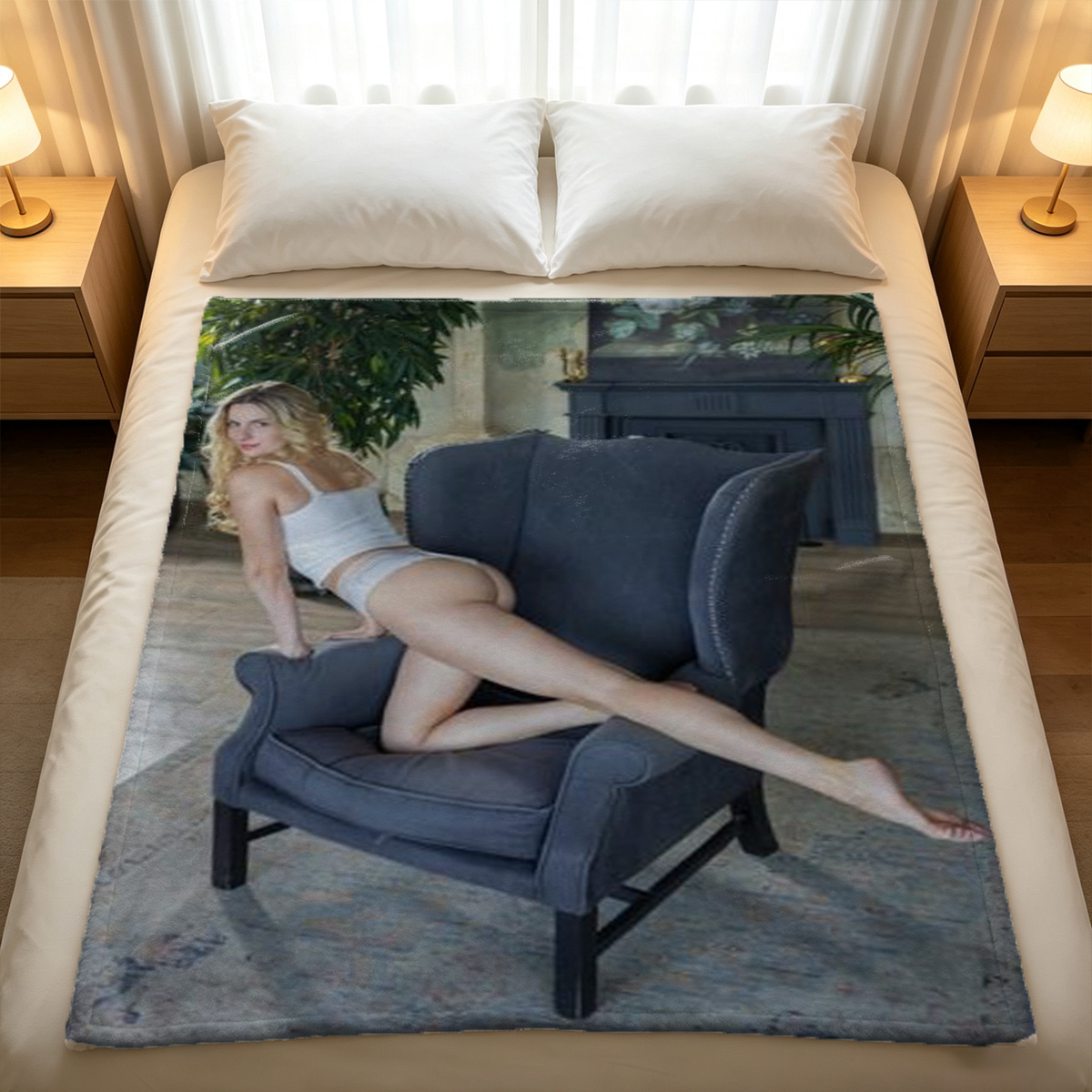 A young Asian woman in a revealing white bunny maid outfit lies seductively on a sofa. - Blanket