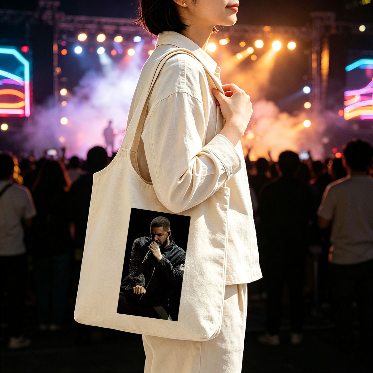 Drake Performing on Stage Holding Microphone in Black Jacket - Canvas shoulder bags/