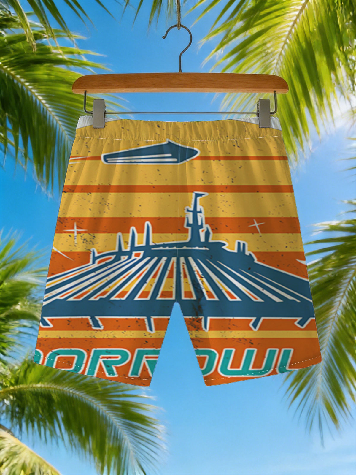 Tomorrowland: Iconic Space Mountain Silhouette with Retro Solar Background -  Beach shorts