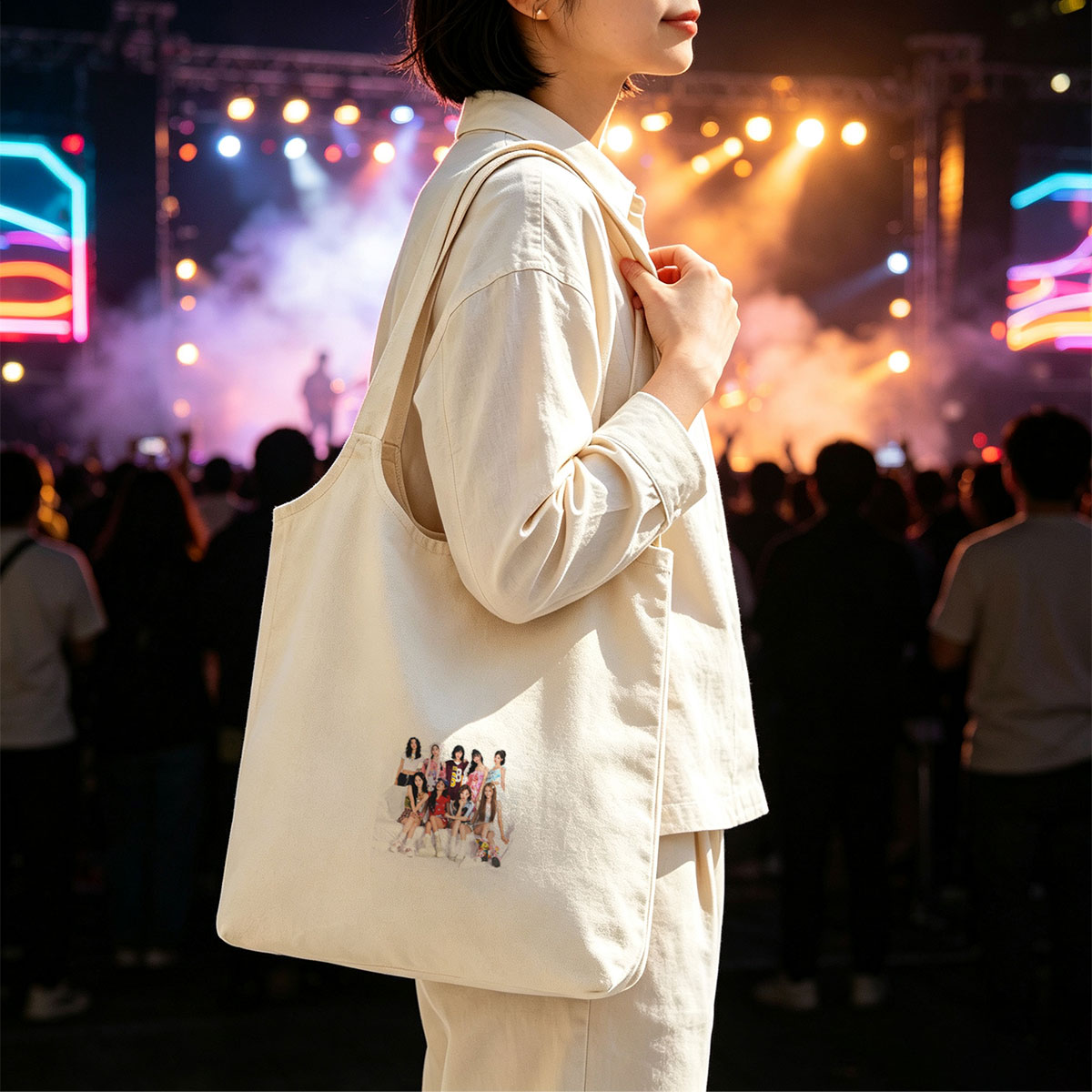 K-pop Girl Group in Casual Outfits Posed on White Background - Canvas shoulder bags/
