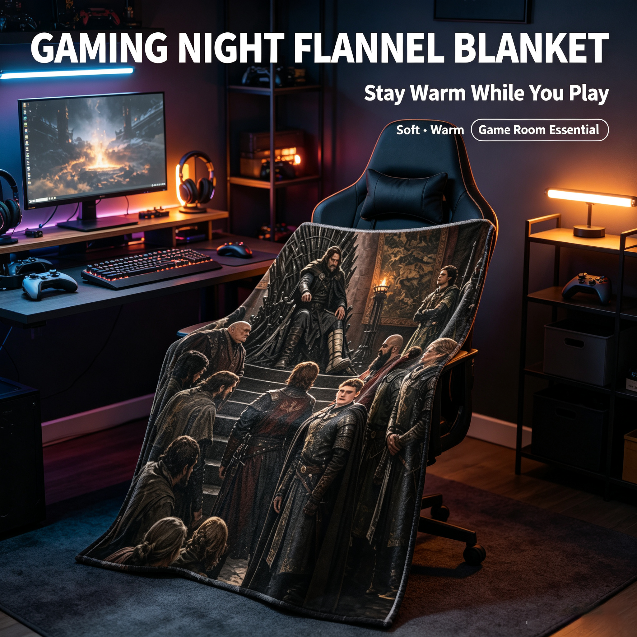 Custom Face Blanket Game of Thrones Iron Throne Scene Flannel Blanket Cozy Living Room Decor Gift for Fans