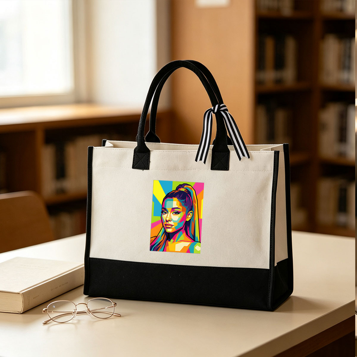 Colorful Pop Art Portrait of a Woman with Vibrant Geometric Patterns - Canvas patchwork gift tote bag