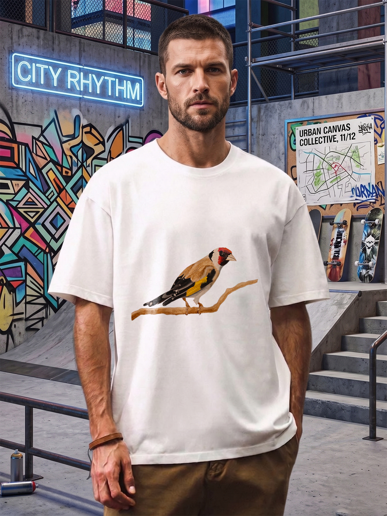 Men's Printed T-Shirt with European Goldfinch Bird Design, Casual Round Neck Lightweight Breathable Summer Short Sleeve Tee for Nature Lovers and Outdoor Enthusiasts