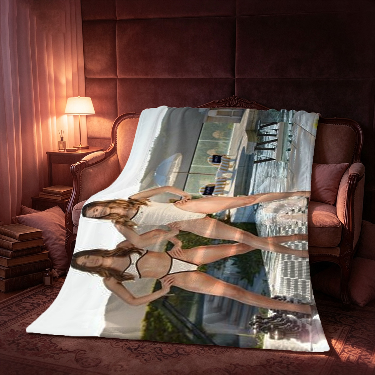 A Japanese idol in a disheveled sailor uniform lifting her skirt on the bed. - Blanket
