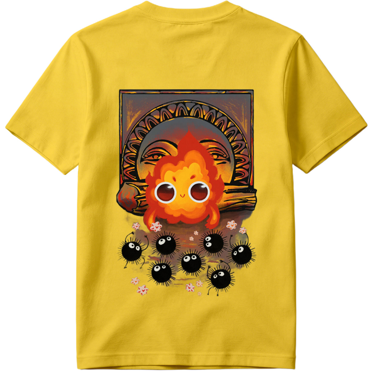 Cute Flame Character with Black Spiky Creatures and Ancient Mask Background - Tee