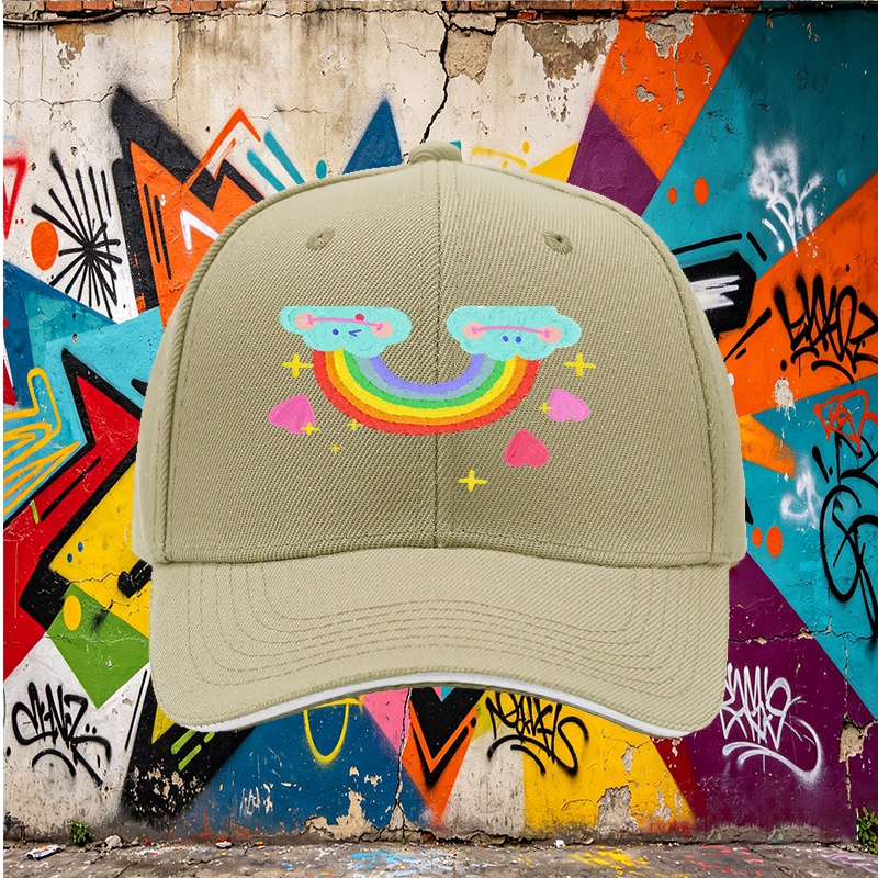 Unisex Classic Sandwich Hat with Rainbow Clouds and Hearts Print - Perfect for Casual Outings, Festivals, and Everyday Wear - Ideal for Teens and Young Adults Seeking Fun, Colorful Accessories