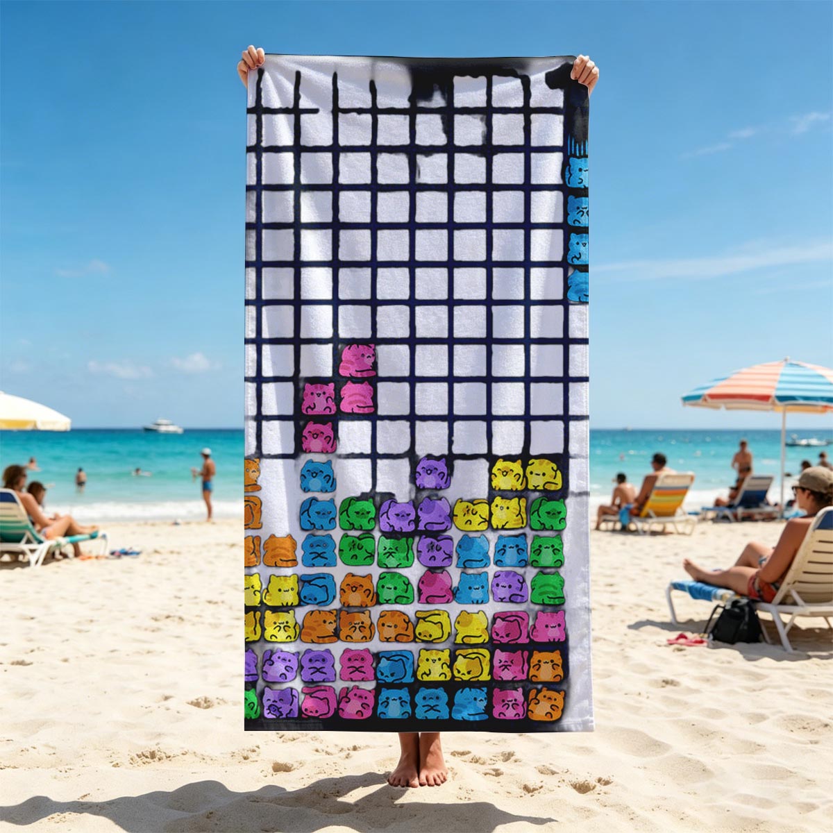 Cat Tetris Game Level 9 with Colorful Feline Blocks and Next Piece Preview - Beach towels