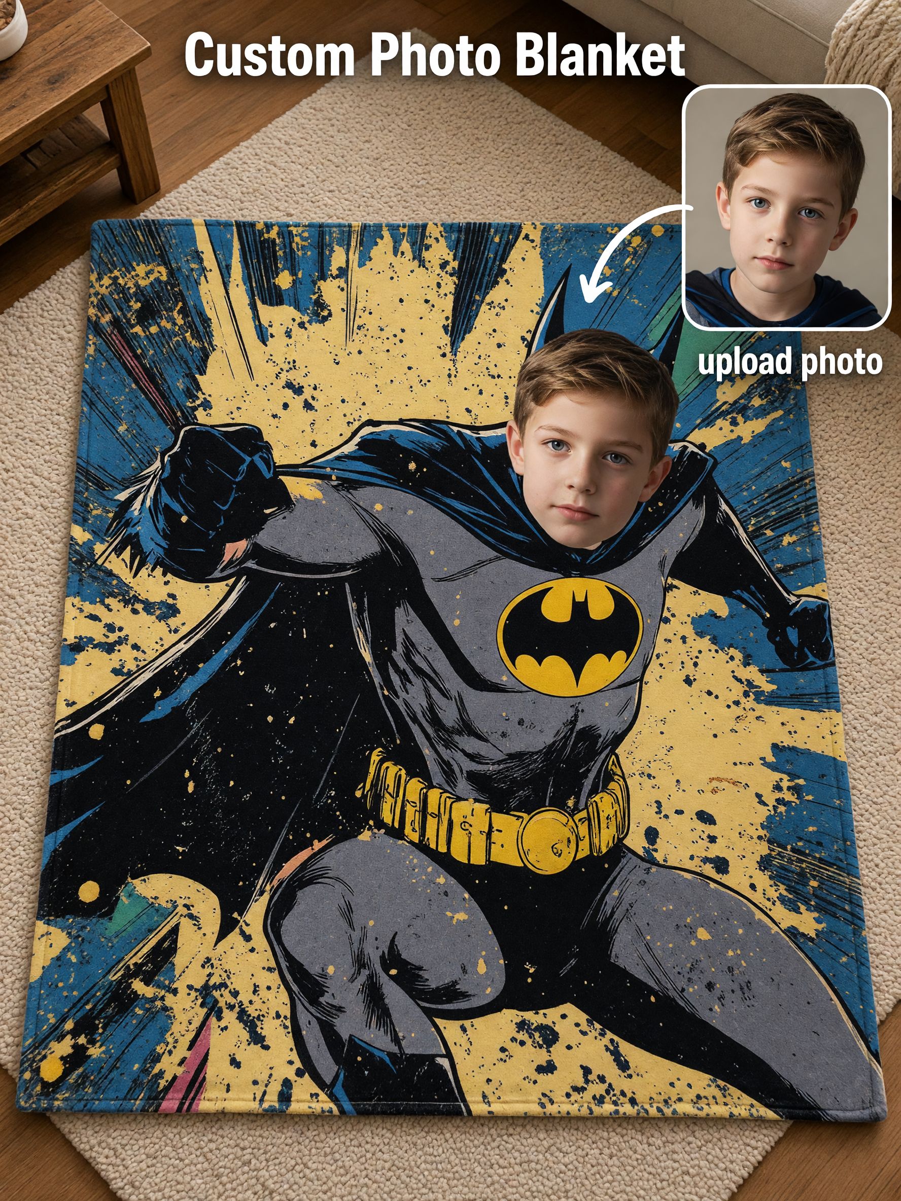 Custom Face Superhero Flannel Blanket, Personalized Comic Hero Photo Plush Throw for Cozy Lounging and Unique Gifts