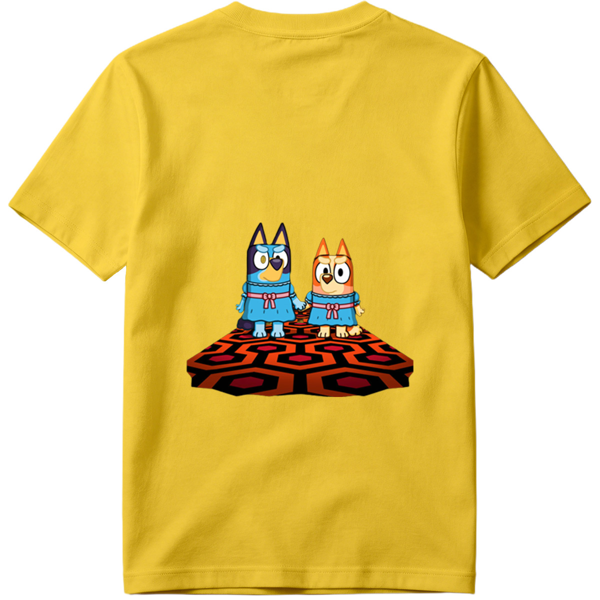 Bluey and Bingo in Matching Dresses on a Patterned Rug - Tee