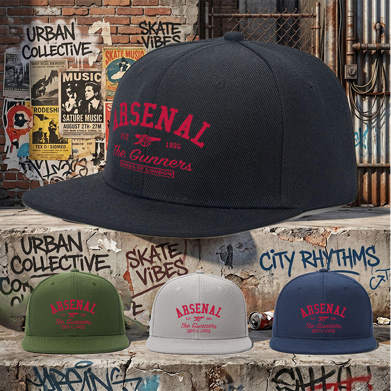 Flat Brim Baseball Cap Arsenal The Gunners Kings of London Logo Print Streetwear Underground Skate Style Hat for Basketball Court Skate Park Urban Players and Rap Artists