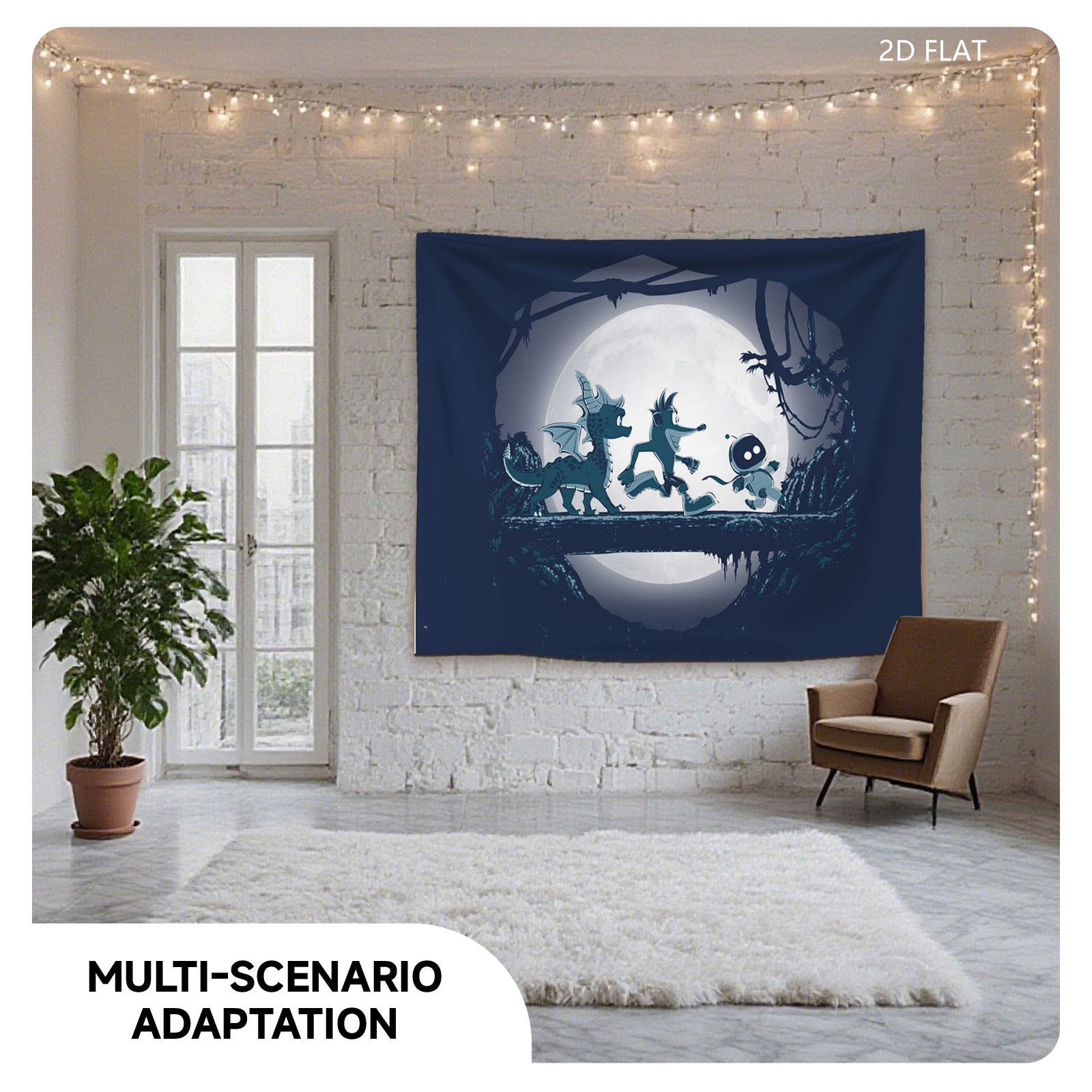 Night Run: Dragon, Wolf, and Robot Under Full Moon - Tapestry