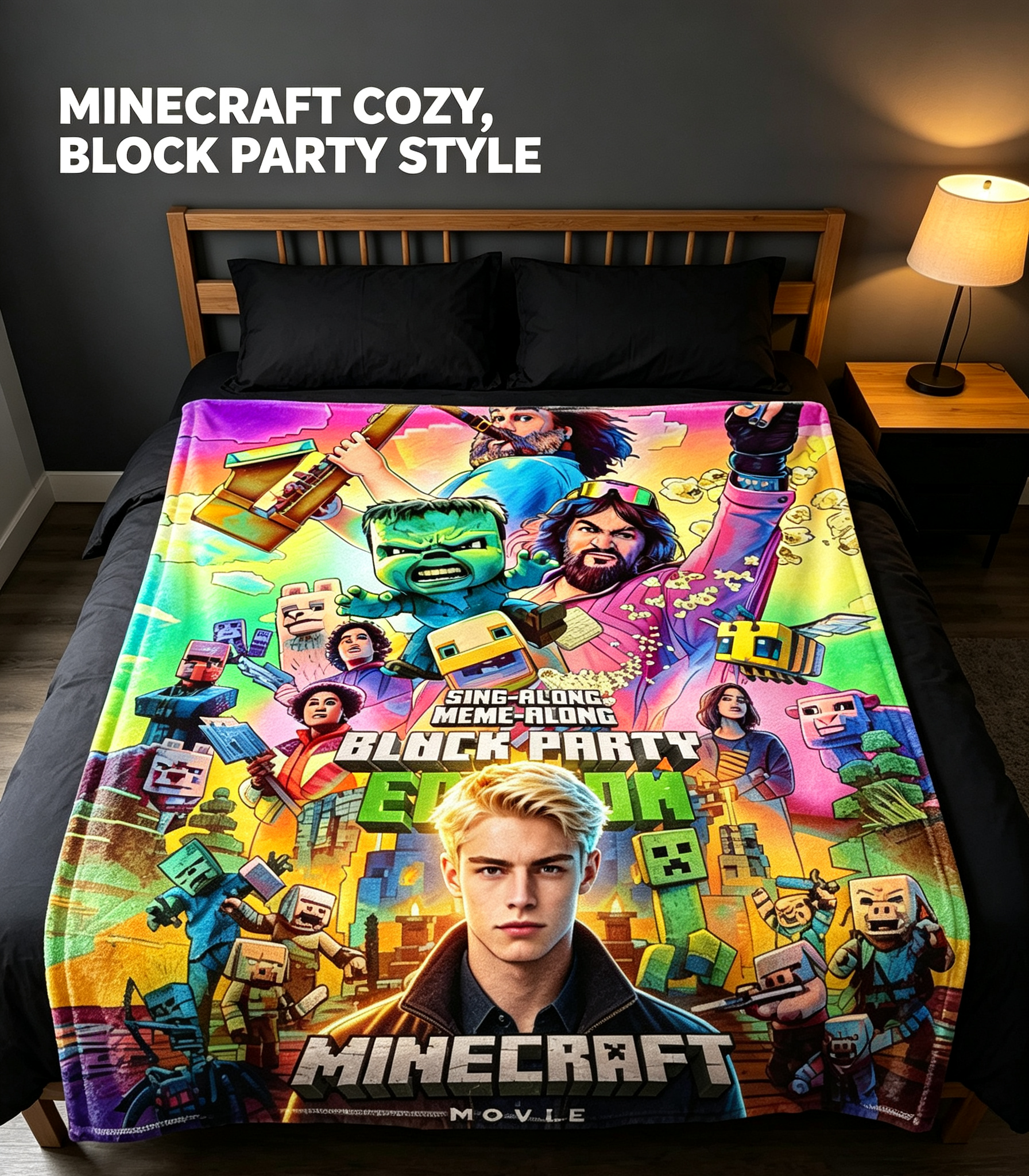Custom Face Blanket Minecraft Movie Character Flannel Blanket Perfect for Kids and Fans Cozy Bedding Gift or Giveaway
