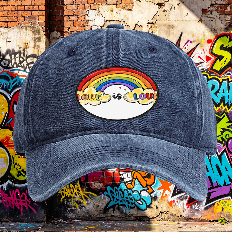 Unisex Classic Washed Hat with Rainbow Love is Love Print | Casual Streetwear Cap for LGBTQ+ Pride & Everyday Wear | Perfect for Adults Seeking Inclusive Fashion Statements