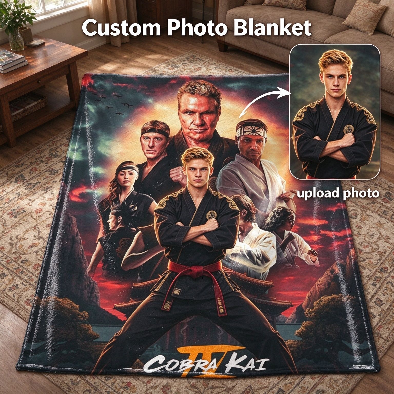 Custom Photo Face Blanket Personalized Flannel Throw Fleece Plush Karate Drama Graphic Art Cozy Bed Sofa Couch Travel