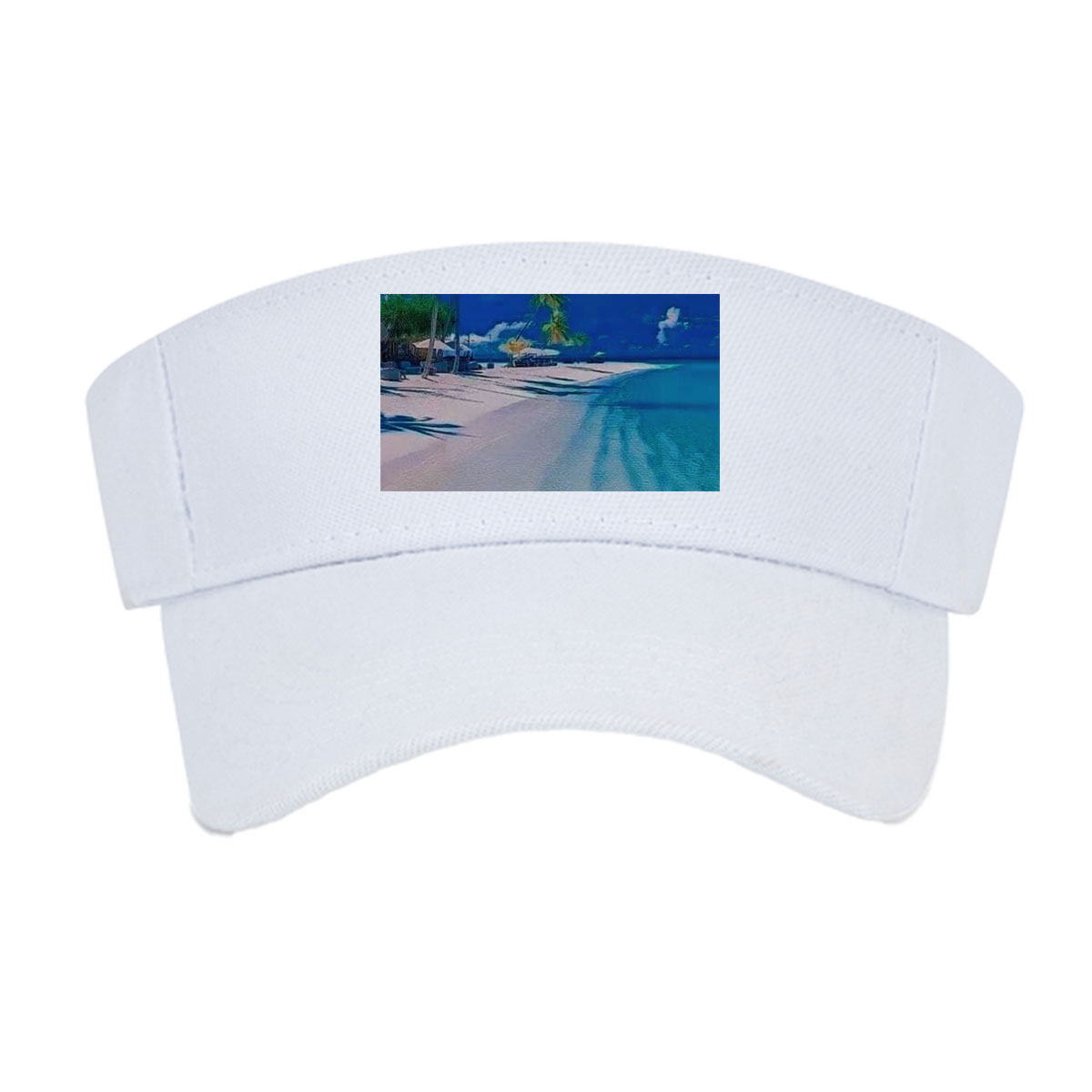 Serene beach with palm trees and turquoise waters under a clear blue sky. -  Visor cap
