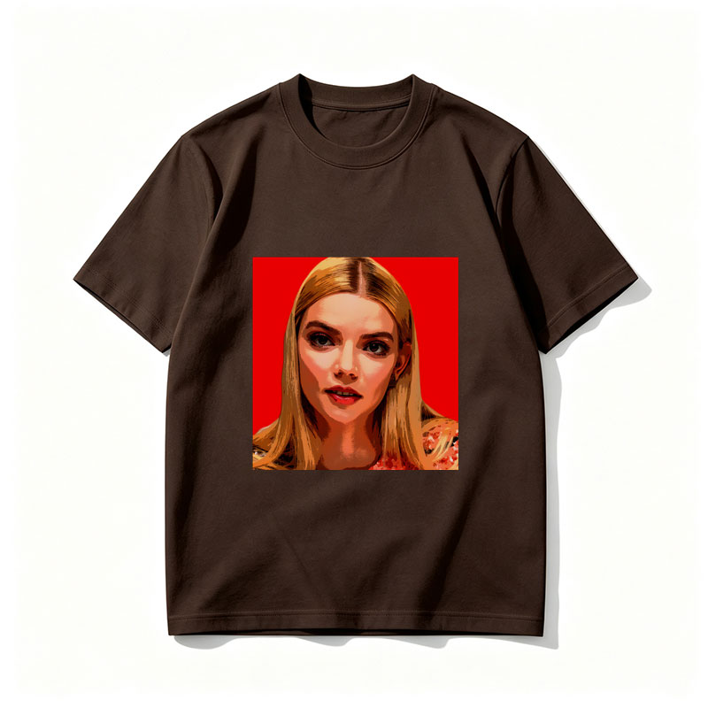 Anya Taylor-Joy in a stylized portrait with bold red background - Tee