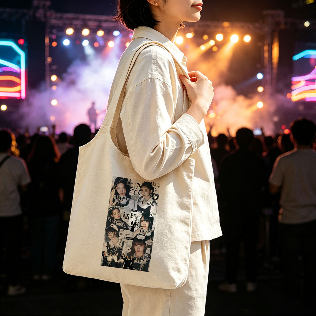 IVE Members in a Stylish Collage Featuring Fashion, Music Notes, and Cute Icons - Canvas shoulder bags/